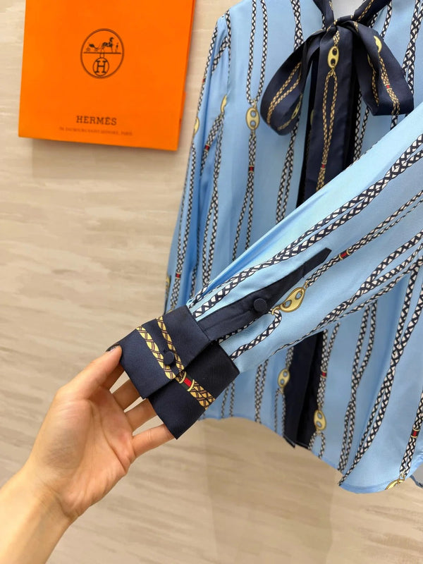 HM 2026 Chain Print Ribbon Shirt Blue Silk 408796