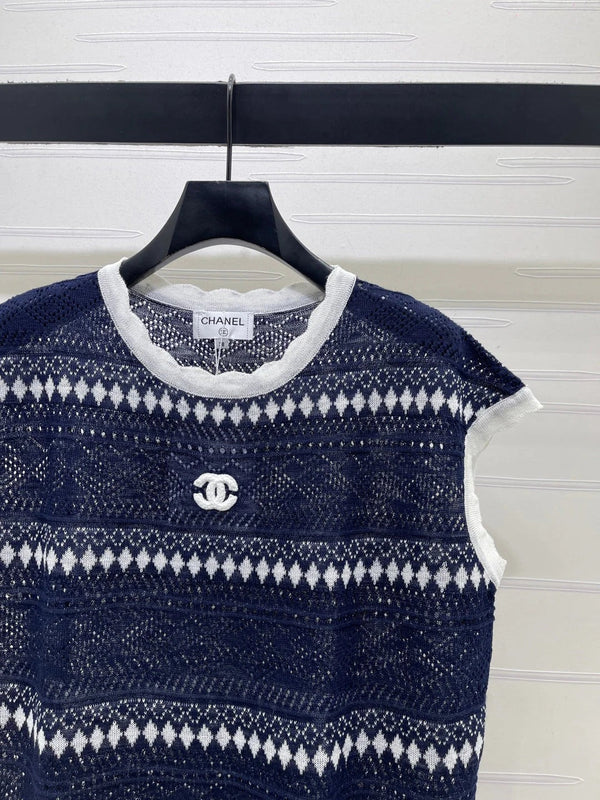 CC 2026 Hollow-out Striped Knit Vest Navy Blue Viscose 677769
