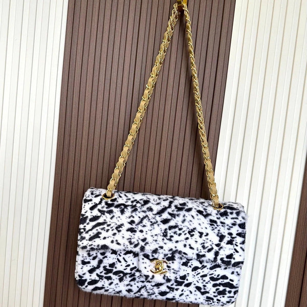 CC 2026 Leopard Print 25cm Flap Bag White Black Ponyhair Leather