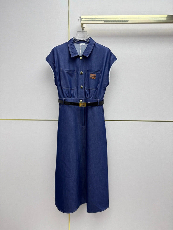 Miu 2026 Denim Short-Sleeve Collared Dress Cotton 225006
