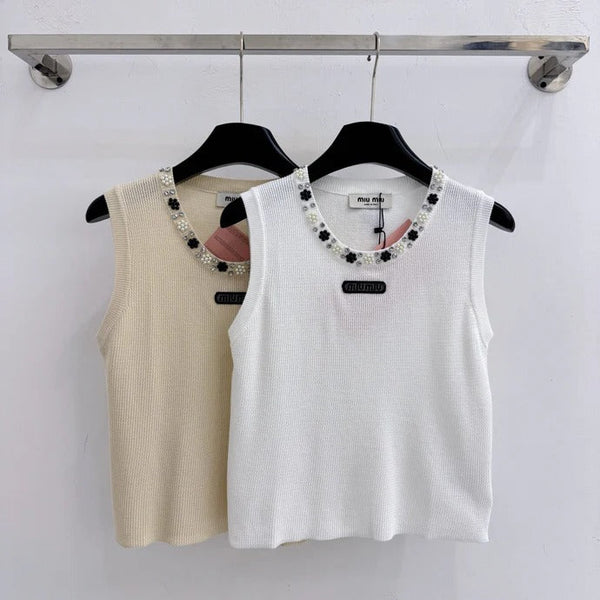 Miu 2026 Crew Neck Beaded Knit Vest Tencel Wool 375082