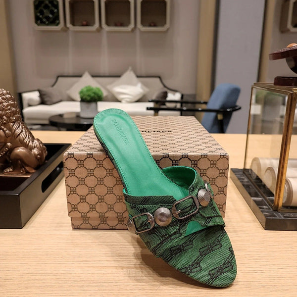 Balenciaga 26s Flat Slippers Dark Green Canvas Leather 681307