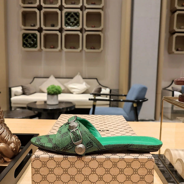 Balenciaga 26s Flat Slippers Dark Green Canvas Leather 681307