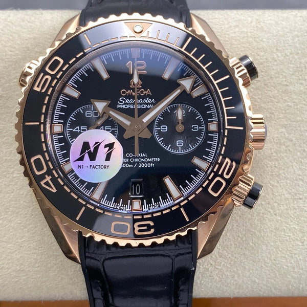 Omega Seamaster 46mm Black Dial Pink Gold Case Crocodile Leather