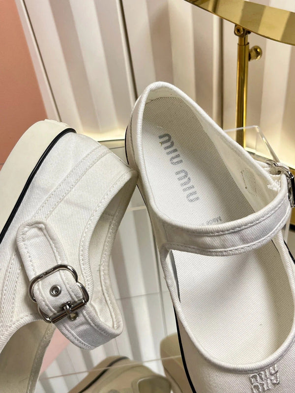 Miu 2026 Drill Mary Jane Flats Canvas 922964