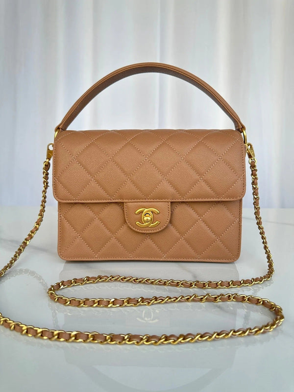 CC 2026 Flap Bag with Top Handle 19CM Gum-grain Cowhide