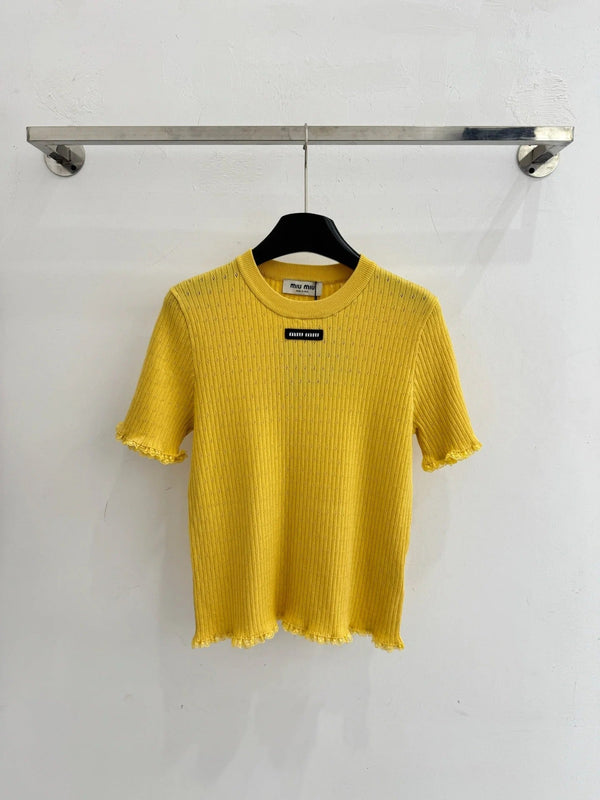 Miumiu 2026 Lace-trimmed Knit Short-sleeved Top Tencel Wool 179453