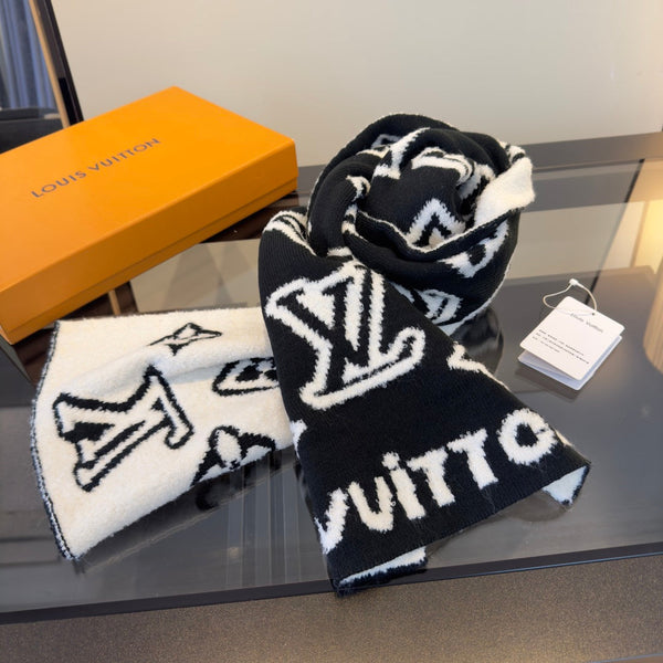 LV 25 Scarf 180cm Black White Wool 293457