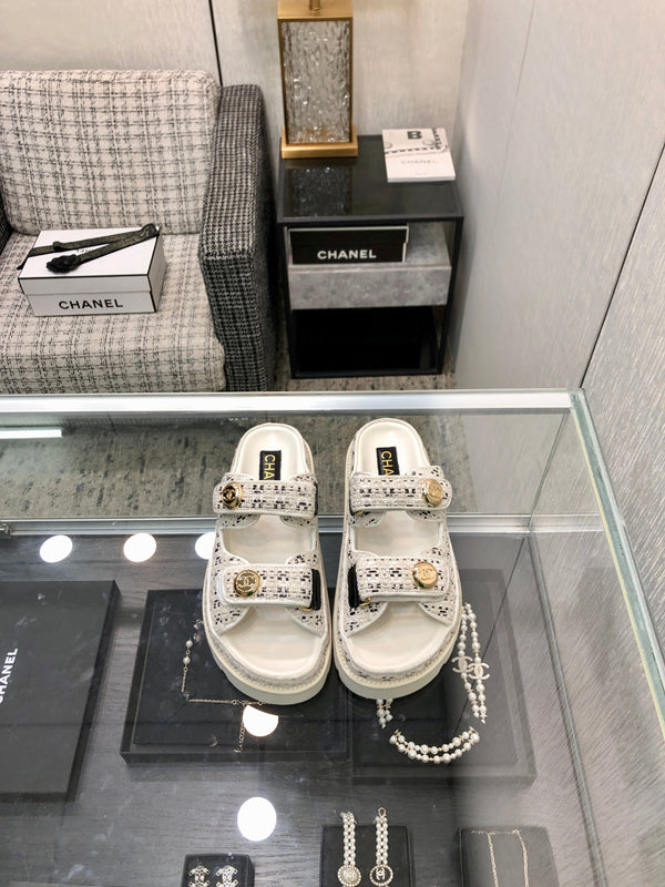 DAD SANDAL MULE IN WHITE MIX BLACK TWEED FABRIC