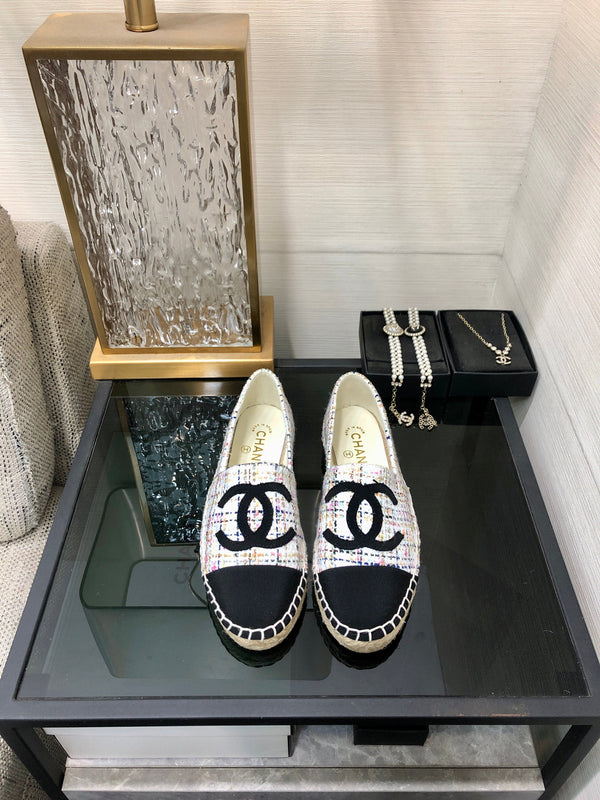 ESPADRILLE WHITE MIX BLACK TWEED FABRIC FLATS