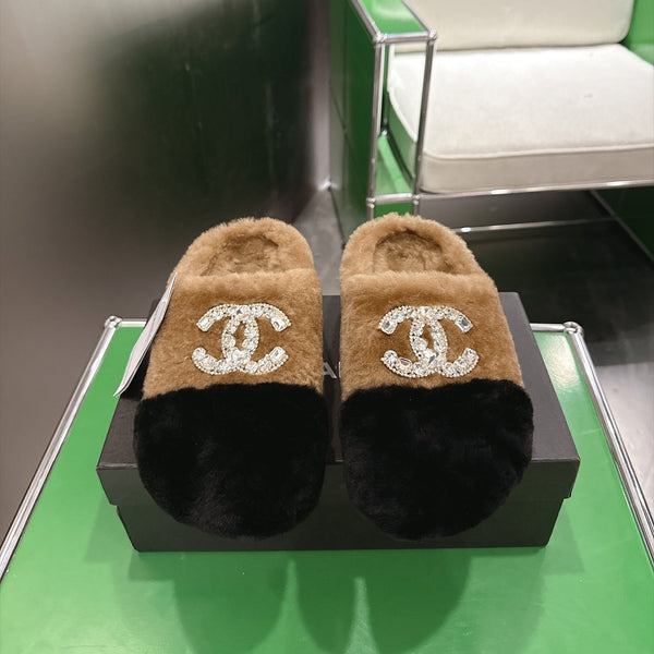 CC 26s Slippers Black Khaki Fur 999412