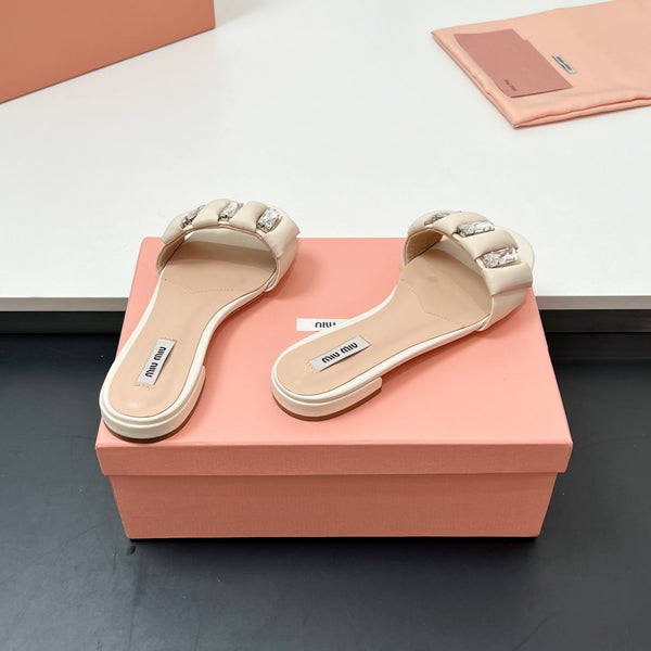 Miu 10mm Slipper with diamonds beige leather 223451