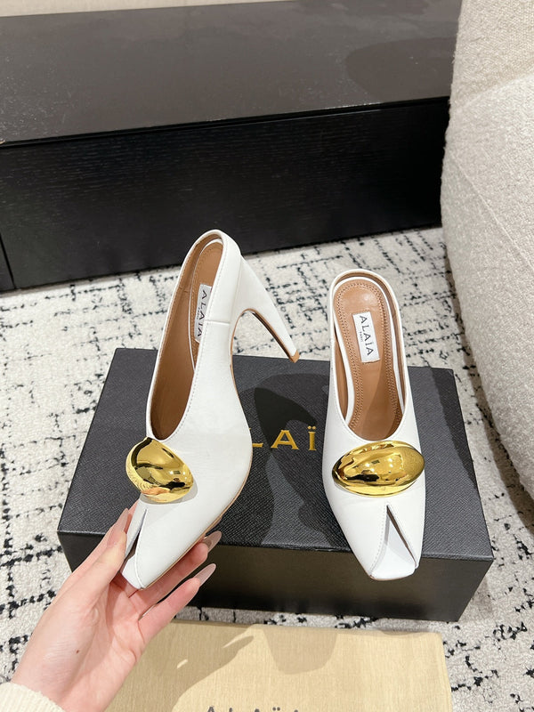 Alaia 25 Azzedine High Heels Mules With Gold Hardware White Calfskin 293186