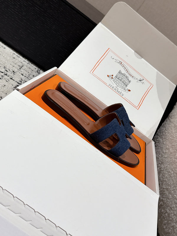 HM 25 Oran Sandal Brown Calfskin Dark Blue Denim