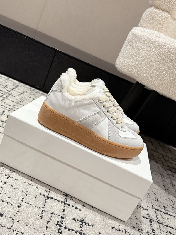 MM Platform German Training Shoes 50mm Light Grey White Suede Sheepskin Fur 558415