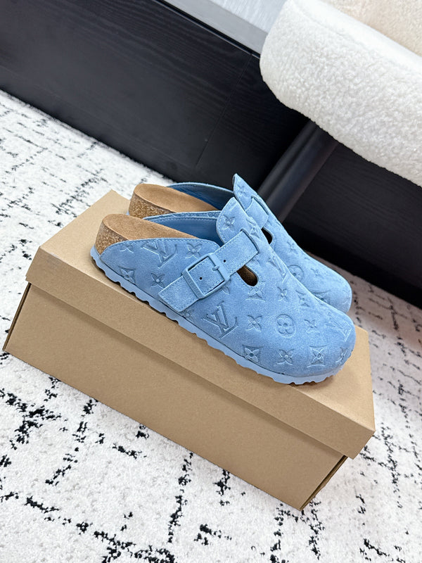 LV Cosy Comfort Mules Blue Brown Monogram Suede 616983