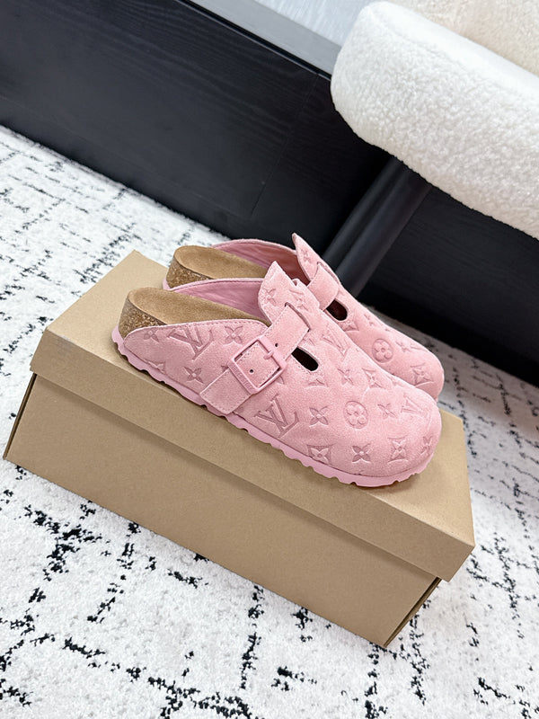 LV Cosy Comfort Mules Pink Brown Monogram Suede 616985