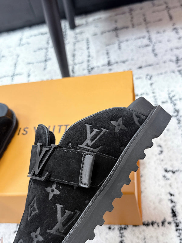 LV Cosy Comfort Mules Full Black Monogram Suede 616989