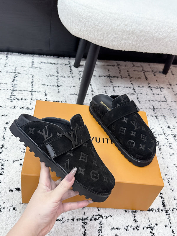 LV Cosy Comfort Mules Full Black Monogram Suede 616989