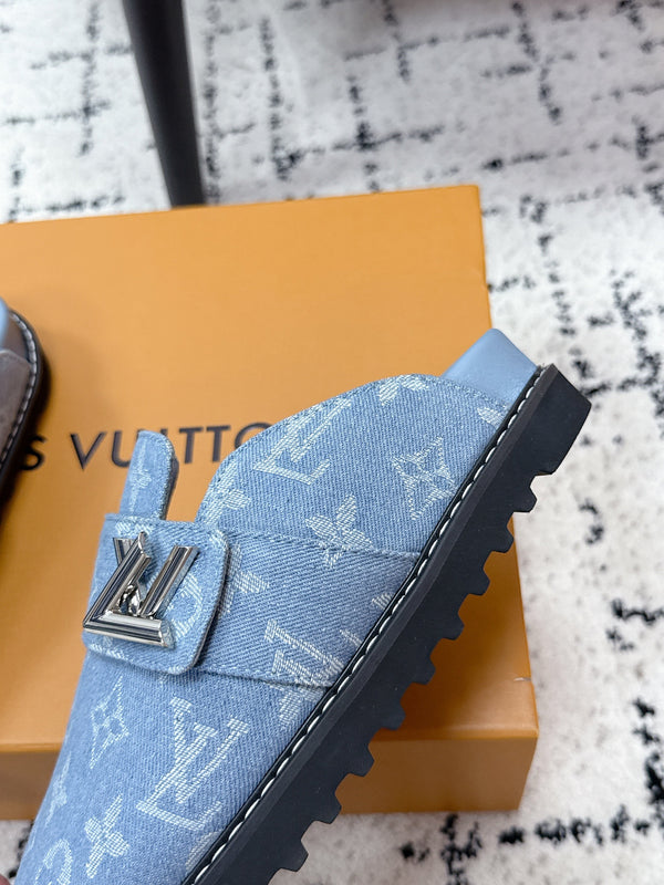 LV Cosy Comfort Mules Light Blue Monogram Denim 616994