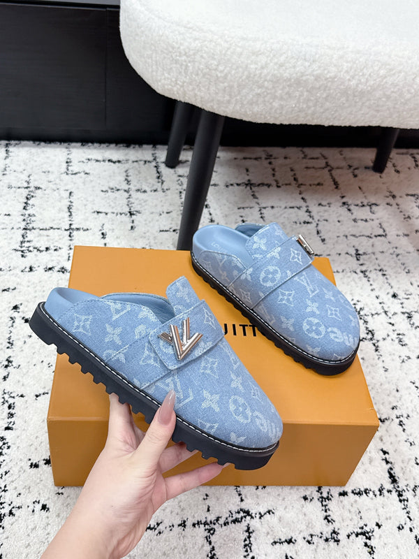 LV Cosy Comfort Mules Light Blue Monogram Denim 616994