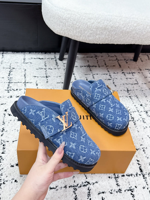 LV Cosy Comfort Mules Blue Monogram Denim 616996