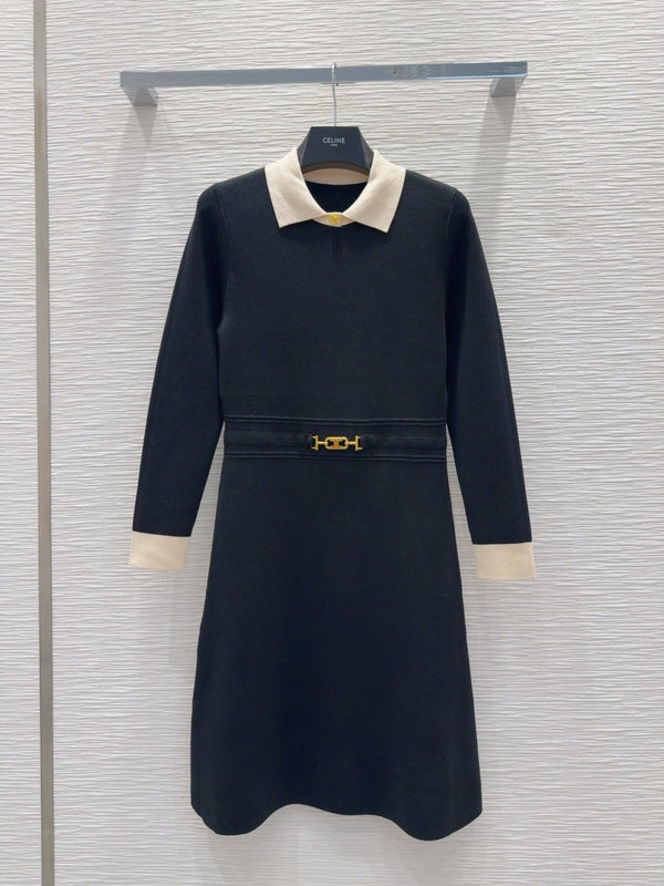 Celine 2025 A-line Dress Black mix White Tencel cotton