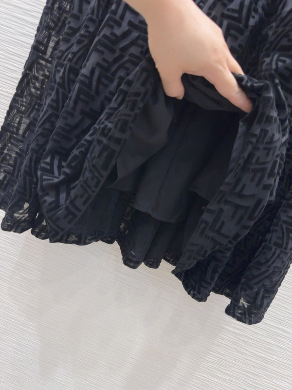 Fendi 2025 Long Pleated Lace Dress Black Polyester