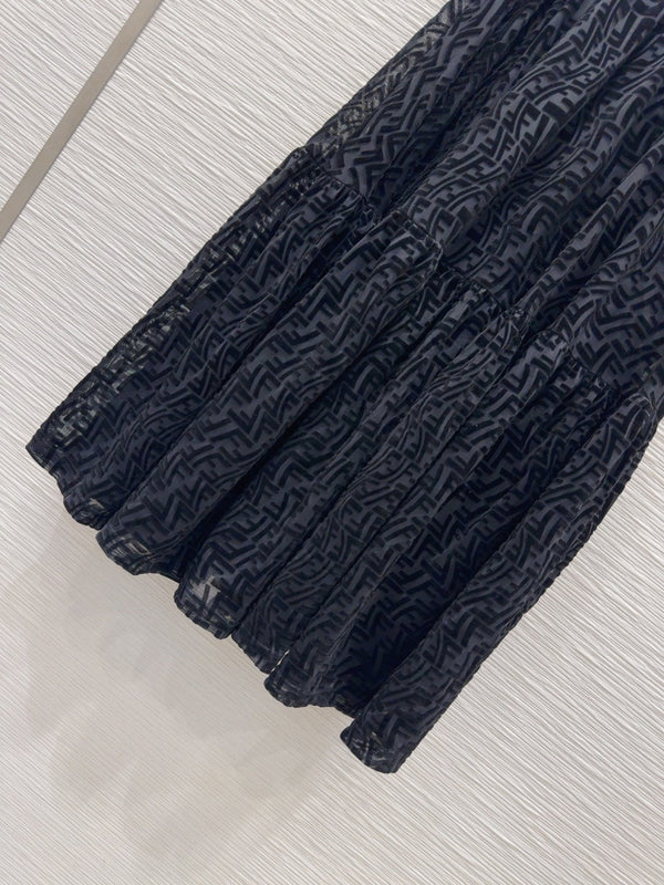 Fendi 2025 Long Pleated Lace Dress Black Polyester