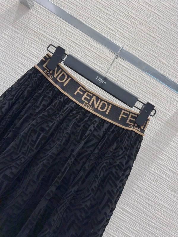 Fendi 2025 Long Pleated Lace Dress Black Polyester