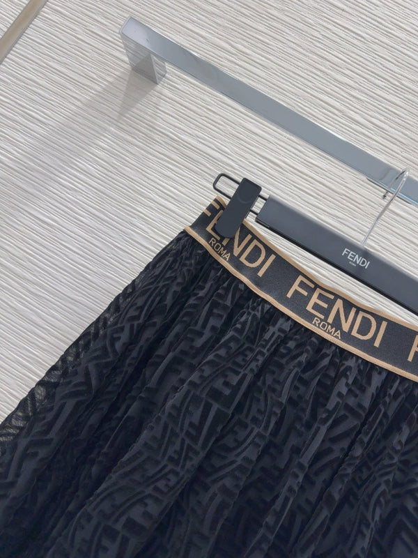 Fendi 2025 Long Pleated Lace Dress Black Polyester