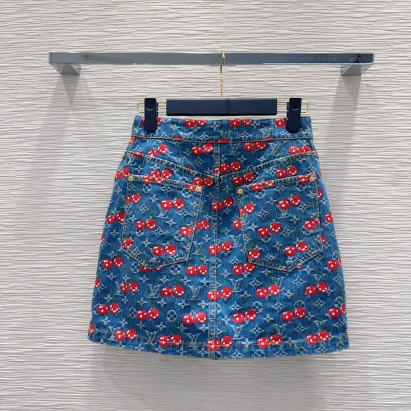 LV 25 Cherry Denim Skirt Blue Cotton