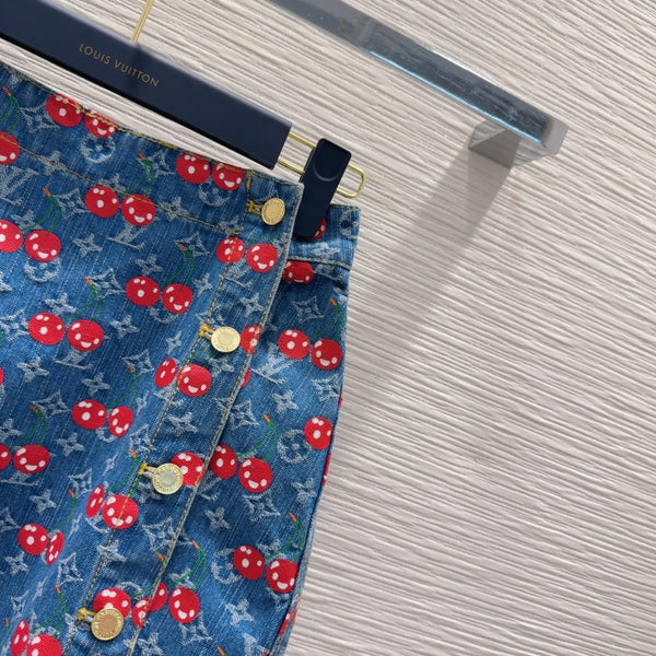 LV 25 Cherry Denim Skirt Blue Cotton