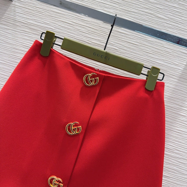 GG Crêpe Skirt With Double G Button Red Wool 346678