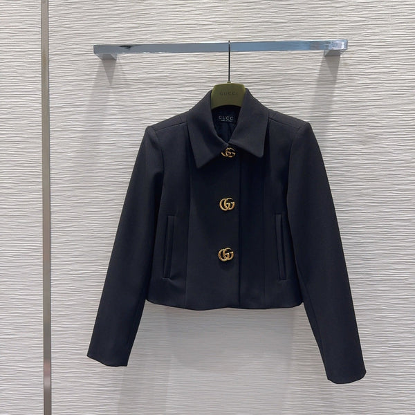 GG Crêpe Jacket With Double G Button Black Wool 346673