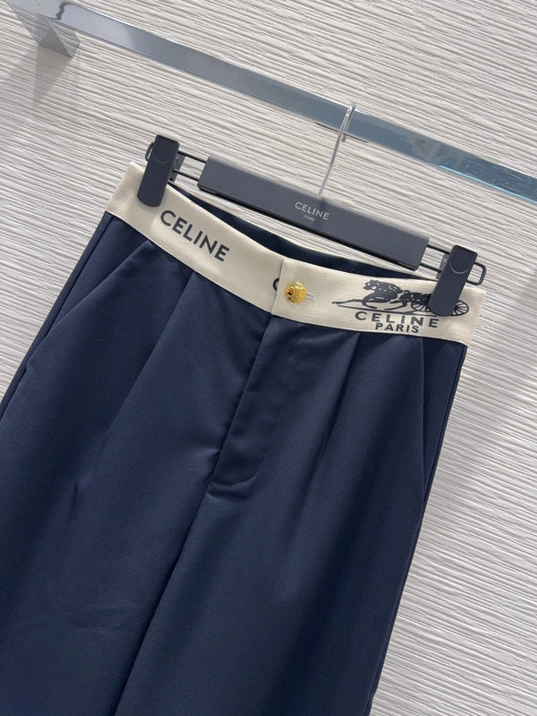 Celine 26S Wide-leg Trousers Celine Belt Navy Blue Polyester Viscose 351295