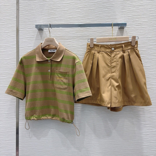 Miu 26s Set Striped Polo Top Short Khahi Brown Cotton 394889