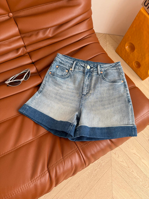 Gucci 25 Logo Embroidered Rolled-hem Denim Shorts Cotton