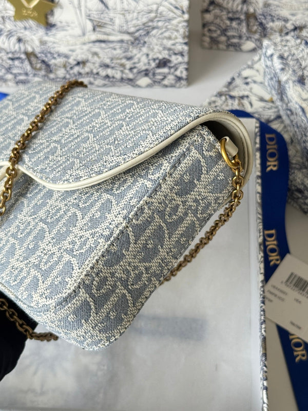 CD Medium Saddle Pouch with Chain 21.5cm White Grey Jacquard Cowhide GHW