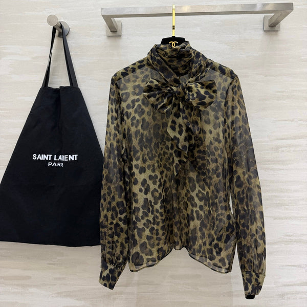 YSL Lavallière Leopard-Print Blouse Black Silk 397066