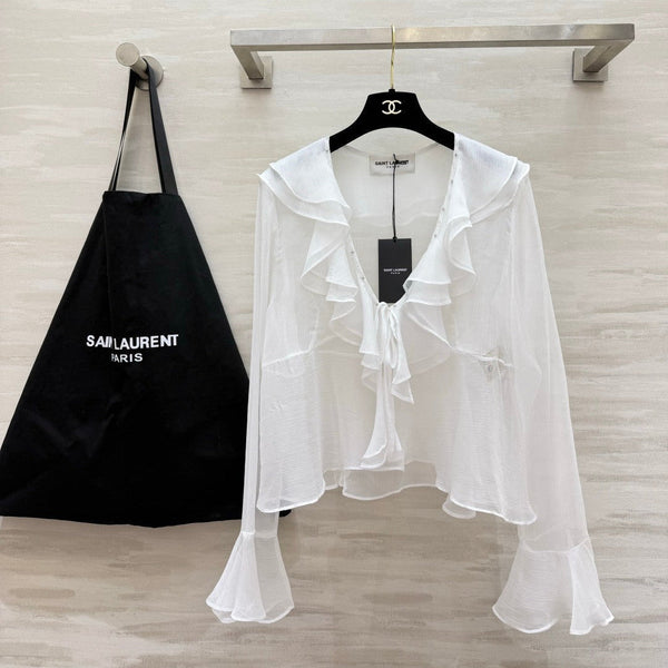 YSL 26s V-neck Ruffle Top White Mesh 396986