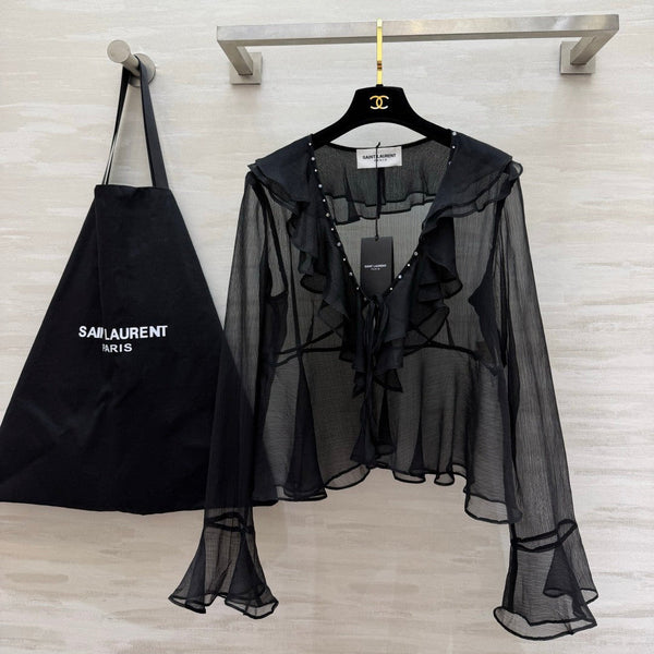 YSL 26s V-neck Ruffle Top Black Mesh 396988