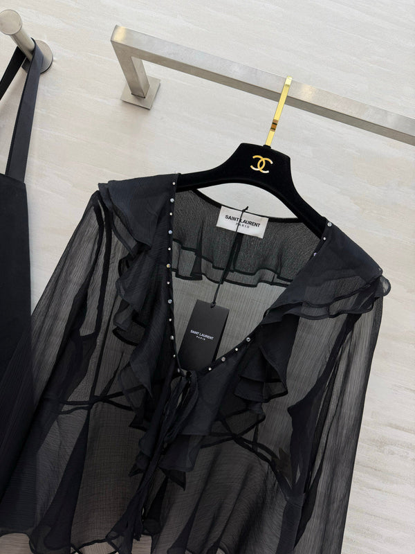 YSL 26s V-neck Ruffle Top Black Mesh 396988