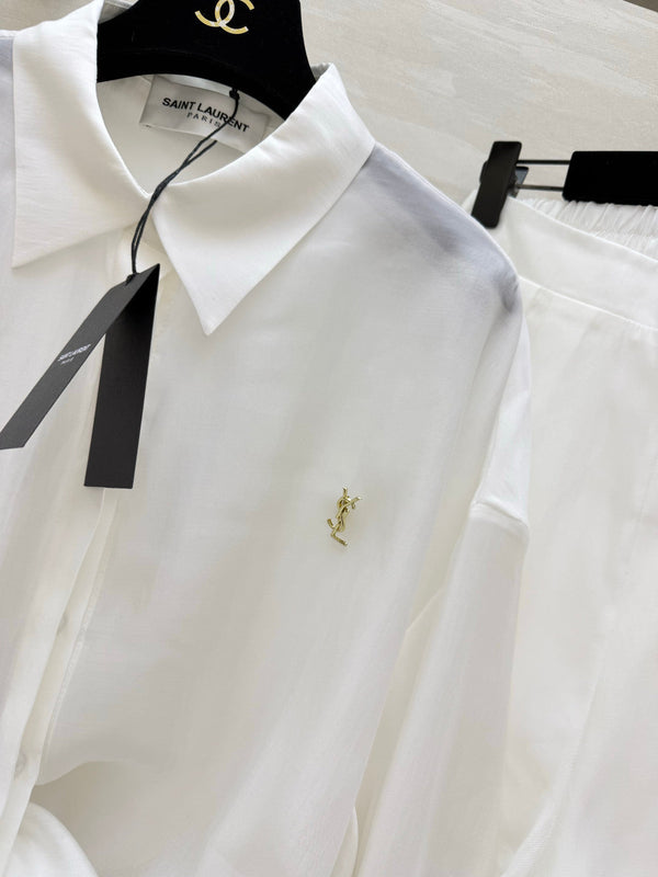 YSL 26s Long-Sleeved Silk Shirt Set White 398905