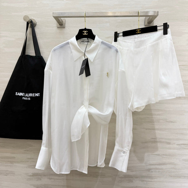 YSL 26s Long-Sleeved Silk Shirt Set White 398905