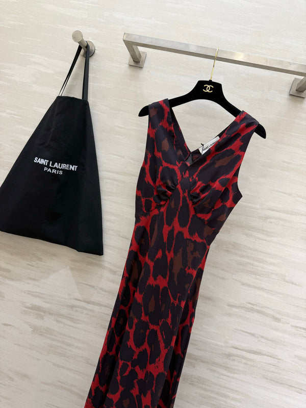 YSL 26s V-Neck Maxi Dress Black Red Silk 398892