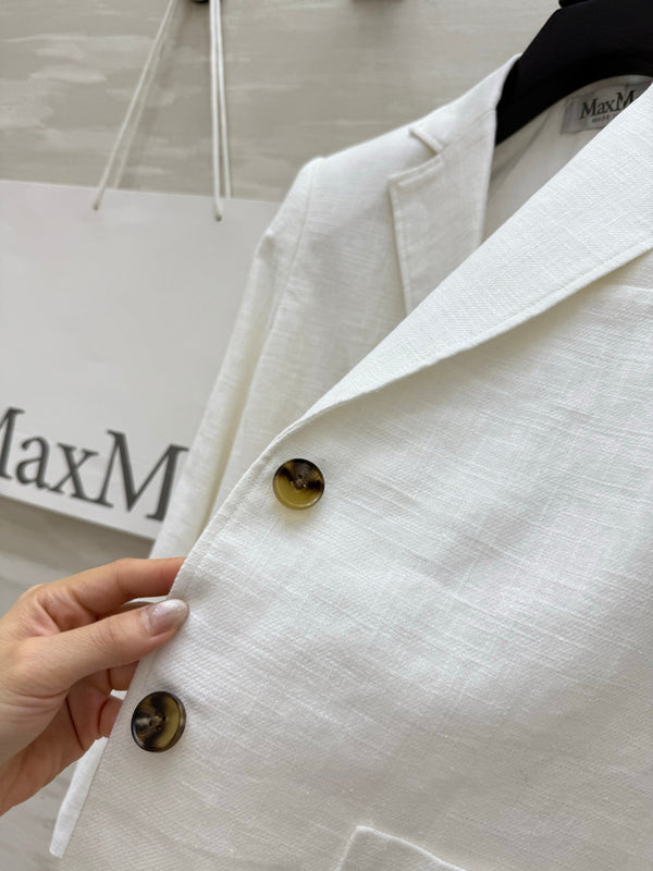 Max Mar Single-Breasted Blazer White Linen 398828