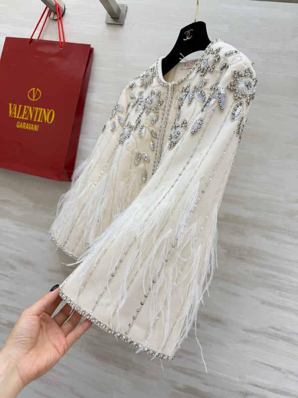 VLTN 26S White Crystal Embellished Feather Tweed Jacket 428162