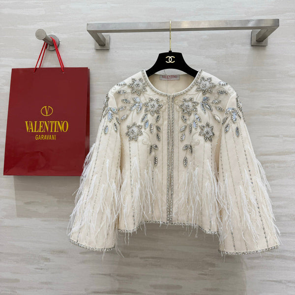 VLTN 26S White Crystal Embellished Feather Tweed Jacket 428162