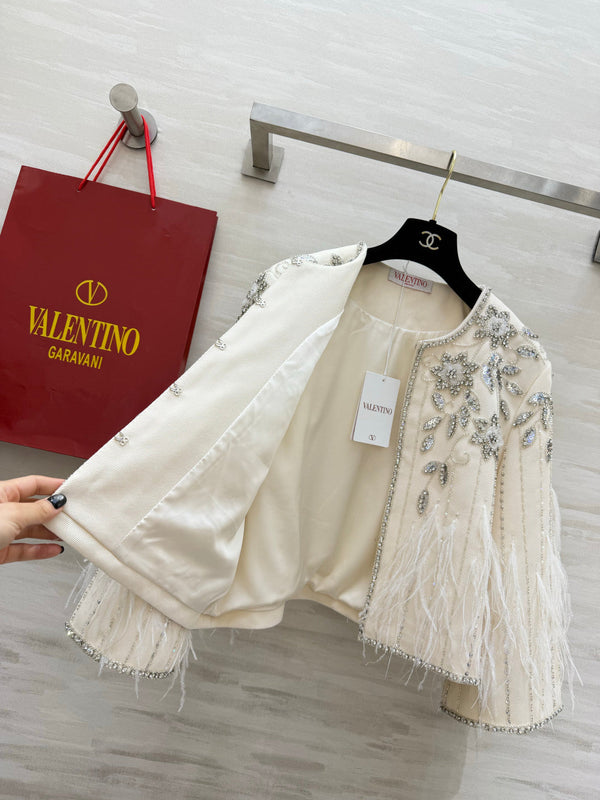 VLTN 26S White Crystal Embellished Feather Tweed Jacket 428162